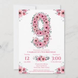 Big 9. Geburtstag Green Foliage Girl Pink Blume Einladung