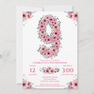 Big 9. Geburtstag Green Foliage Girl Pink Blume Einladung