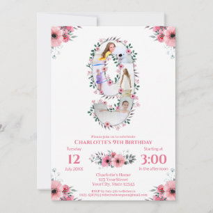 Big 9th Birthday Girl Foto Collage Pink Blume Einladung