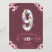 Big 9th Birthday Girl Foto Collage Pink Blume Einladung (Vorne/Hinten)