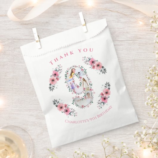 Big 9th Birthday Girl Foto Collage Pink Blume Geschenktütchen (Ausgeschnitten)