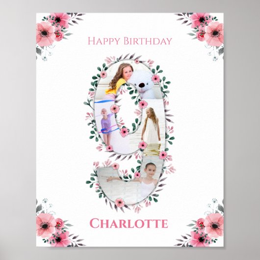 Big 9th Birthday Girl Foto Collage Pink Blume Poster (Vorne)