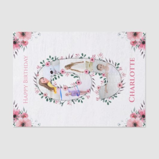 Big 9th Birthday Girl Foto Collage Pink Blume Seidenpapier (Vorderseite)