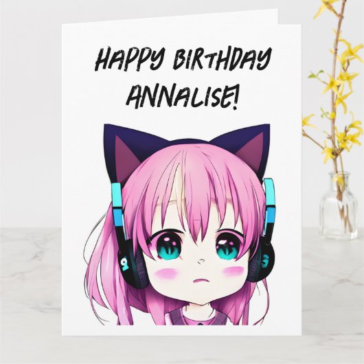 Big Anime Girl mit Kopfhörern Katzenohren Geburtst Karte (Gelbe Blume)