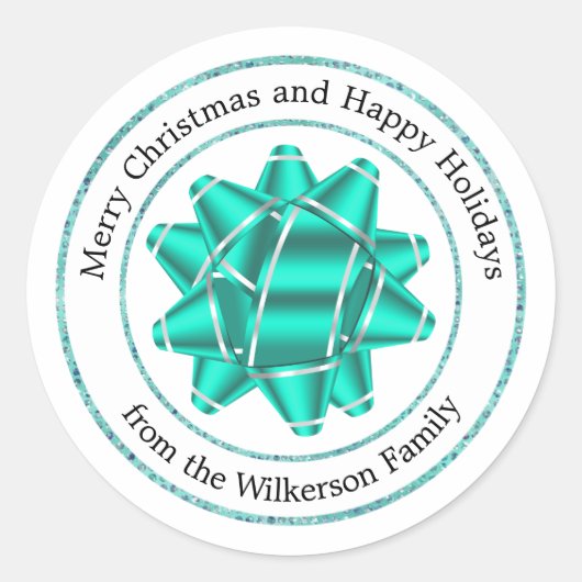 Big Aquamarin Gift Bow Glitzer Classic Round Stick Runder Aufkleber (Vorderseite)