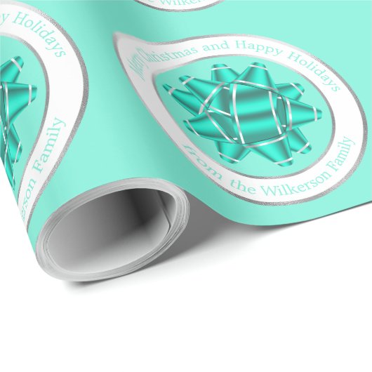 Big Aquamarin Gift Bow & Silver Foil Geschenkpapier (Rolleneckpunkt)