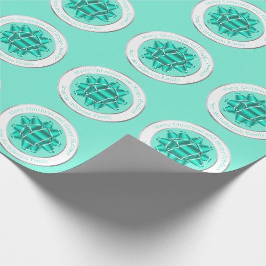 Big Aquamarin Gift Bow & Silver Foil Geschenkpapier (Ecke)