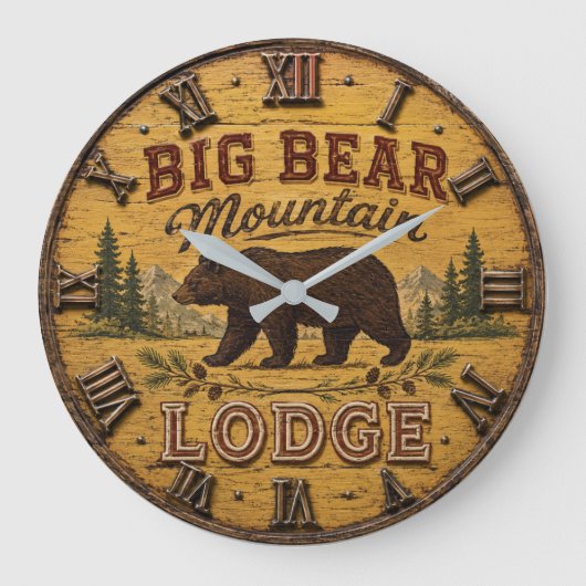 Big Bear Mountain Lodge Rustic Große Wanduhr (Vorderseite)