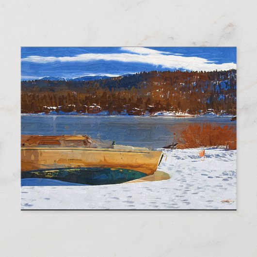 Big Bear See, Schnee und Boot Postkarte (Vorderseite)