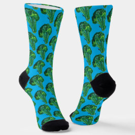 Big Beautiful Broccoli Fun Watercolor Bright Blue Socken