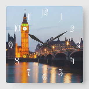 Big Ben and Westminster Bridge in the evening Quadratische Wanduhr