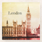 Big Ben Clock & London, Westminster / Vintages UK Glasuntersetzer (Vorderseite)