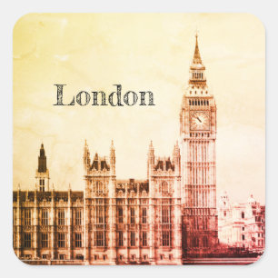 Big Ben Clock & London, Westminster / Vintages UK Quadratischer Aufkleber
