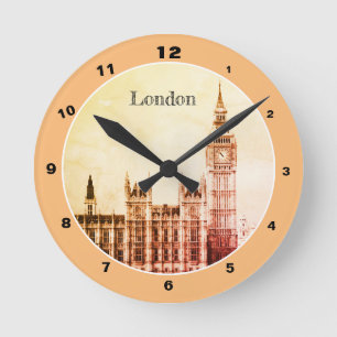 Big Ben Clock & London, Westminster / Vintages UK Runde Wanduhr