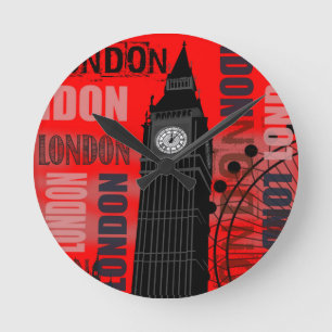 Big Ben London Collage Red Background Modern Runde Wanduhr