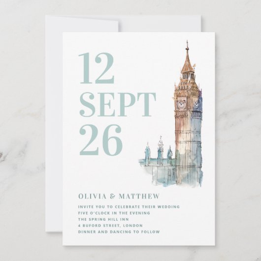 Big Ben / London Hochzeit in Urlaubsort + QR-Foto Einladung (Vorderseite)