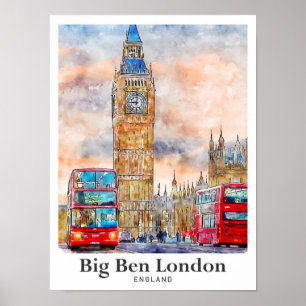 Big Ben London Watercolor Sketch Hand Drawn Poster