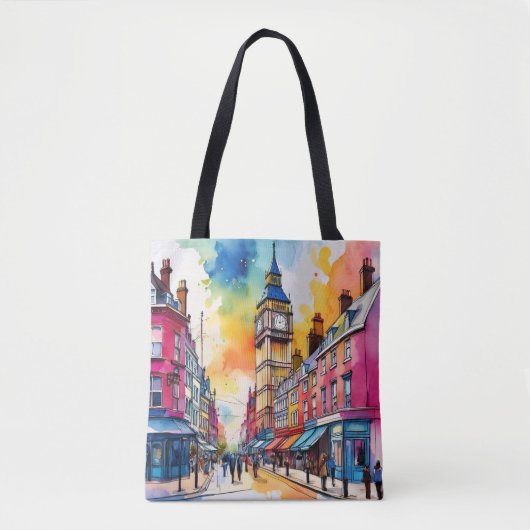 Big Ben und Vibrann London Street Watercolor Tasche (Vorderseite)
