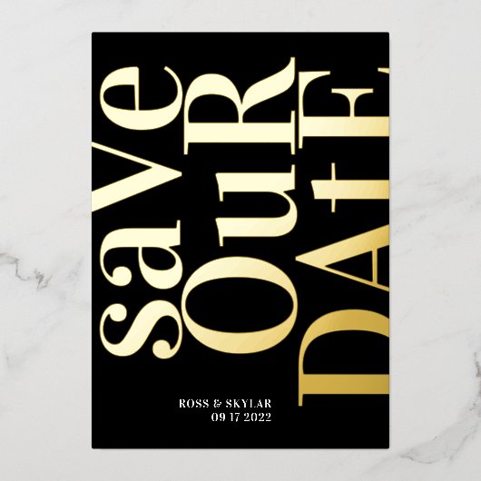 Big Black Monogram Pressed Gold Foil Save the Date Folieneinladung (Vorderseite)