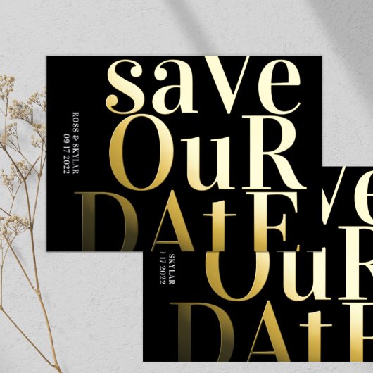 Big Black Monogram Pressed Gold Foil Save the Date Folieneinladung