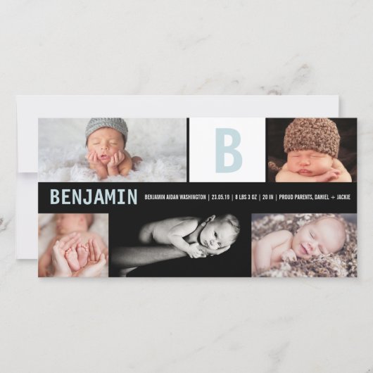 Big Blue Baby Boy Monogram 5 Foto Birth Ankündigung (Vorderseite)