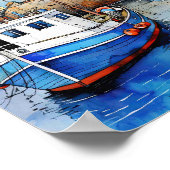 Big Blue Boat im Hafen am Meer Poster (Ecke)