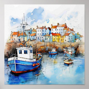Big Blue Boat im Hafen am Meer Poster