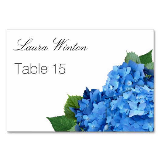 Big Blue Hydrangea Custom Escort Cards Tischnummer (Vorderseite)