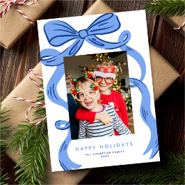 Big Bold Bright Blue Bow Christmas Photo Feiertagskarte