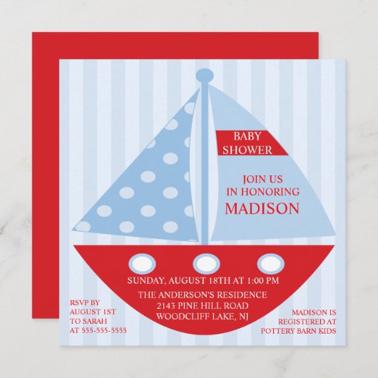 Big Bold Red Blue SAILBOAT Boy Baby Dusche Einladung (Vorne/Hinten)
