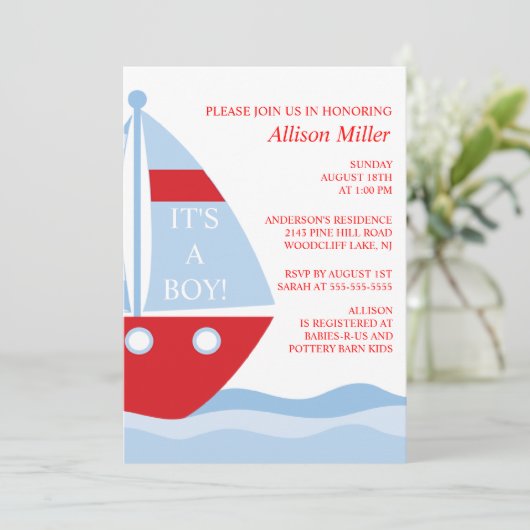 BIg & Bold SAILBOAT Boy Baby Dusche Einladung (Stehend Vorderseite)