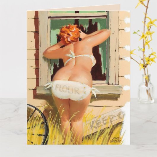 BIG BOTTOMED FRAU ART PEEKING IN ZU SAGEN HELLO KARTE (Gelbe Blume)