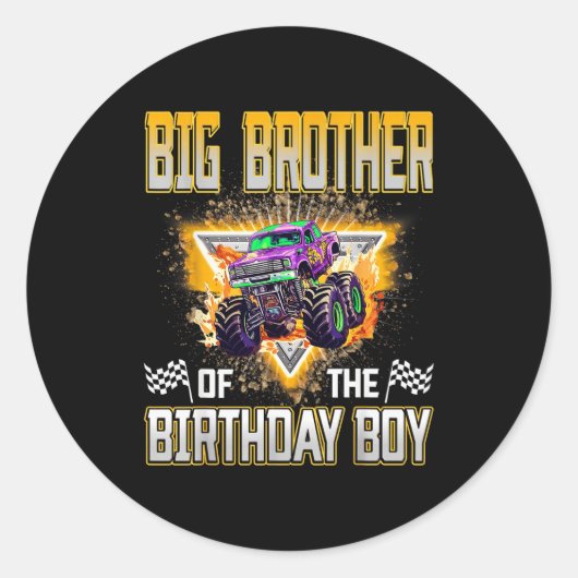 Big Brother Of The Birthday Boy Monster Truck Birt Runder Aufkleber (Vorderseite)