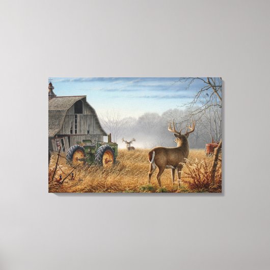 Big Buck Deer Showdown auf dem Bauernhof Leinwanddruck (Vorderseite)