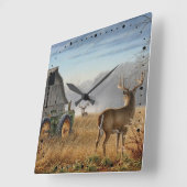 Big Buck Deer Showdown auf dem Bauernhof Quadratische Wanduhr (Winkel)