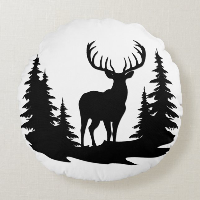 Big Buck unter Pine Tree Vector Rundes Kissen (Vorderseite)