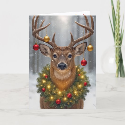 Big Buck Wearing a Glowing Christmas Wreath Karte (Vorderseite)