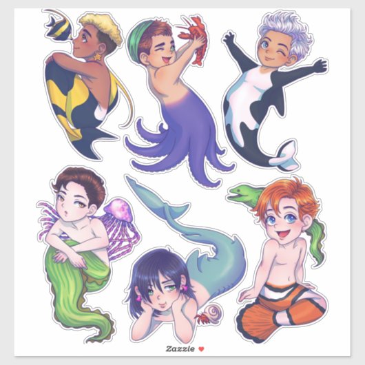 BIG CHIBI Merman Mermaid Sea Creatures Stickers Aufkleber (Blatt)