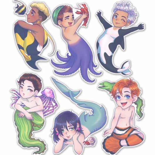BIG CHIBI Merman Mermaid Sea Creatures Stickers Aufkleber (Vorderseite)