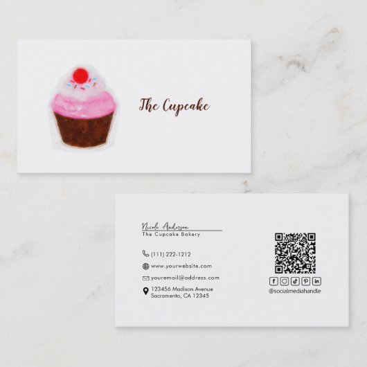 Big Cupcake & Cherry Watercolor Chic Bäckerei Visitenkarte (Vorne/Hinten)