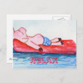Big Daddy Pig schweben auf Raft am Strand Postkarte (Vorne/Hinten)