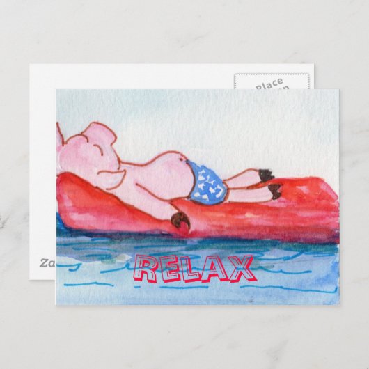 Big Daddy Pig schweben auf Raft am Strand Postkarte (Vorne/Hinten)