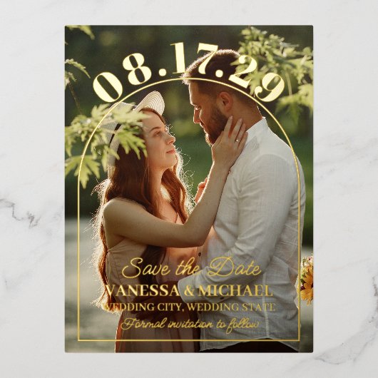 Big Date Simple Gold Foil Arch Save the Date Folie Einladungspostkarte (Vorderseite)