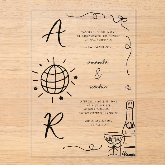 Big Disco Monogram French Fun Hand Drawn Wedding Acryleinladungen (Vorderseite)