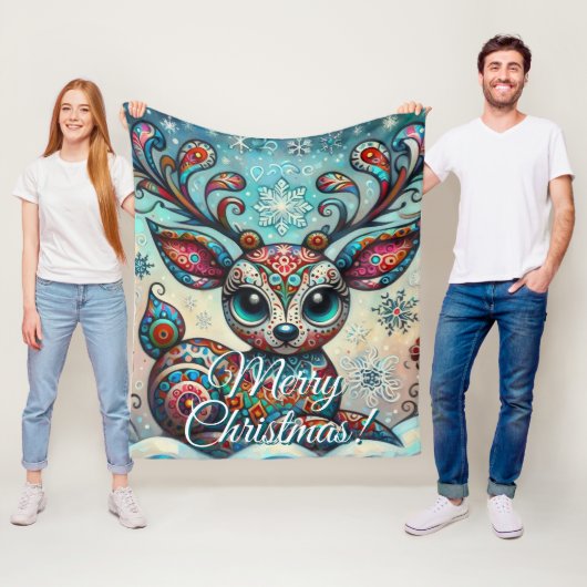Big Eye Christmas Reindeer Folk Art Personalized Fleecedecke (Beispiel)