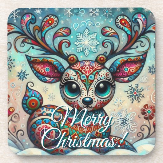 Big Eye Christmas Reindeer Folk Art Personalized Getränkeuntersetzer (Vorderseite)
