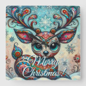 Big Eye Christmas Reindeer Folk Art Personalized Quadratische Wanduhr (Vorderseite)