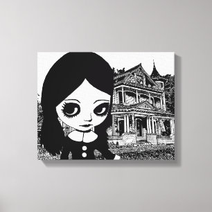 Big eye Goth girl Haunted house Original art  Leinwanddruck