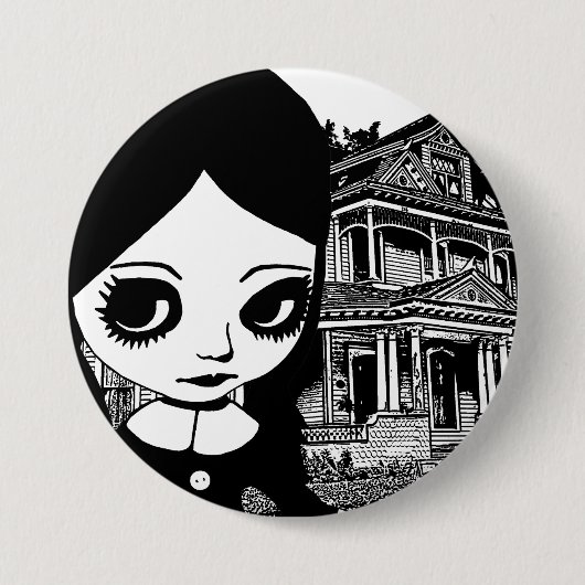 Big eye Goth Girl Spuk Haus Original Kunst Button (Vorderseite)