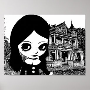 Big eye Goth Girl Spuk Haus Original Kunst Poster